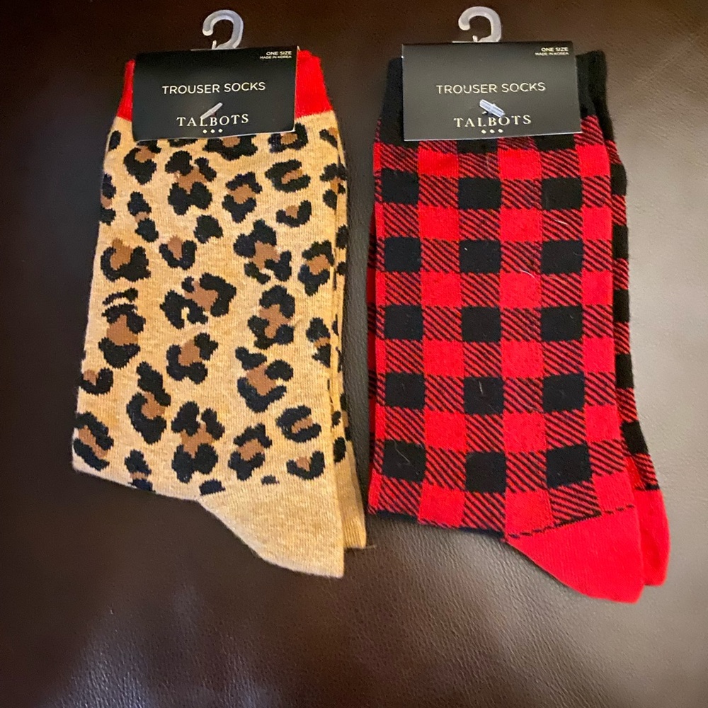 NWT Talbots Trouser Socks One Size Plaid Animal Print Red Black